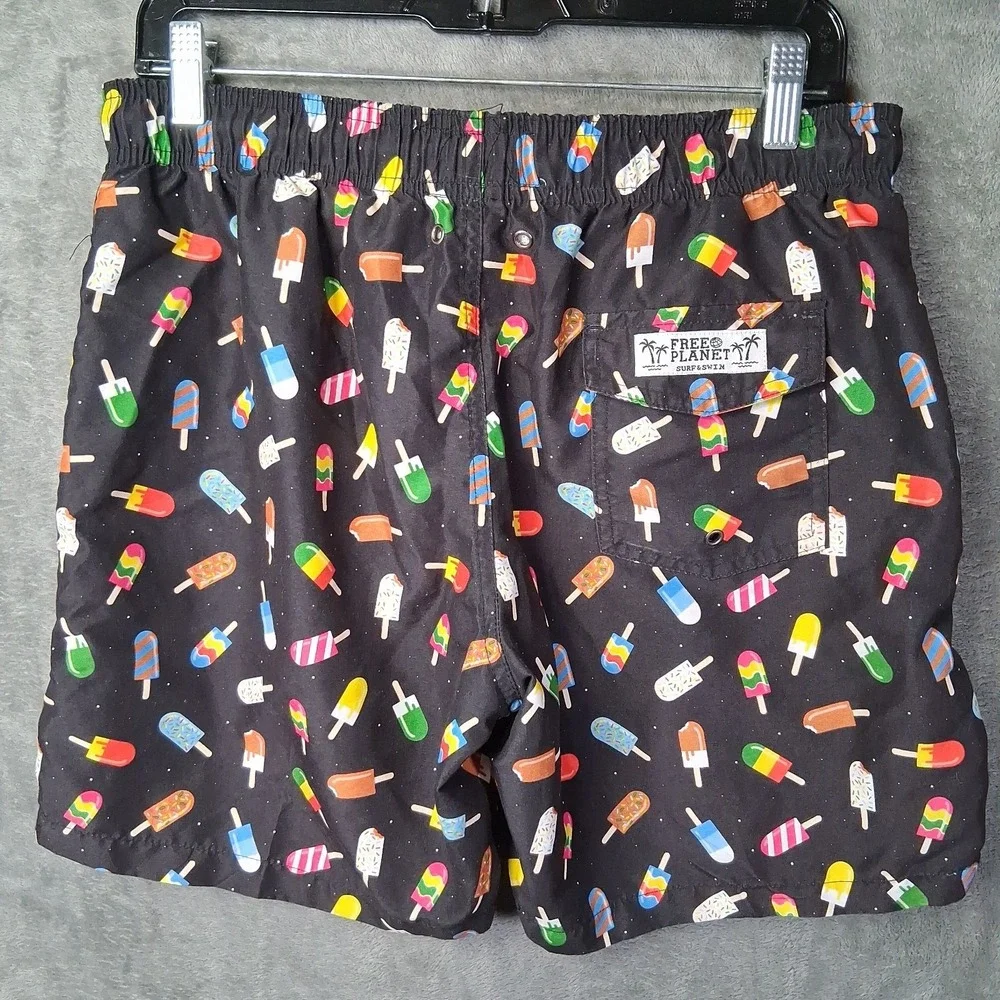 Free Planet Surf Y Swim Trunks Mens Medium Black Popsicle AOP Lined Drawstring